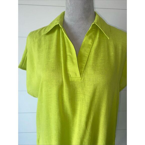 TAHARI Lime Green Linen Blend Midi Lagenlook Dress Pockets Size Medium - Picture 5 of 11